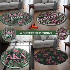 the four different designs on this rug are available in various sizes and colors, including flowers