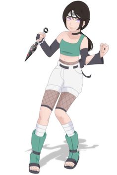 an anime character with black hair and green boots holding a knife in her hand,