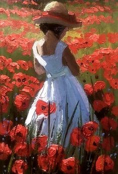 a painting of a woman in a field of red flowers