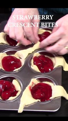 someone is making some desserts in a muffin tin