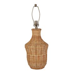 a wicker lamp with a glass shade on the top and an iron wire hanging from the bottom