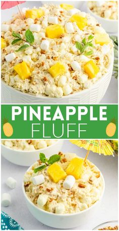 this pineapple fluff is made with rice and topped with marshmallows