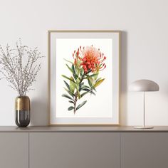 a vase with some flowers sitting on top of a dresser next to a framed photograph