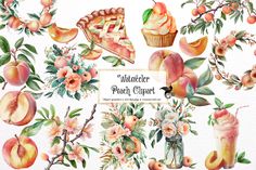 watercolor peach clipart with flowers, apples and pies on white background for commercial use