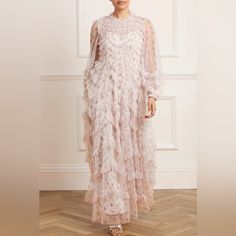 Rare Find Nwt, Never Worn. Needle & Thread Bijou Rose Long Sleeve Maxi Gown In Strawberry Icing Size Xs Beautiful Detail Ruffled Elegant Wedding Garden Party Dress Strawberry Icing, Wedding Garden Party, Needle And Thread Dresses, Peach Maxi Dresses, Garden Party Dress, Maxi Gown, Wedding Garden, Long Sleeve Gown, Pink And White Flowers