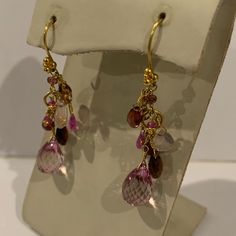 22 Karat Yellow Gold Laura Gibson Multi Color Stone Earrings With 12. Carats In Pink Tourmaline, Pink Topaz, Rose Quartz, Rubies, Rhodolite, Style # 6kp61303 Luxury Pink Multi-stone Earrings, Pink Multi-stone Earrings In Fine Jewelry Style, Yellow Gold Multi-stone Party Earrings, Yellow Gold Earrings With Gemstone Accents For Party, Pink Multi-stone Earrings Fine Jewelry, Party Multi-stone Yellow Gold Earrings, Luxury Pink Dangle Earrings, Pink Fine Jewelry Earrings For Party, Luxury Pink Gemstone Earrings