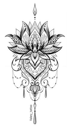 a black and white drawing of a lotus flower with ornate details on the petals,