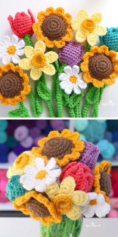 crocheted sunflowers are in a vase with flowers on the top and bottom