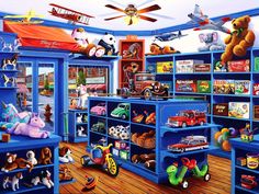 a room filled with lots of toys and stuffed animals on top of bookshelves