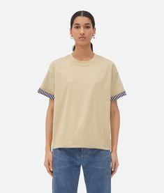 • Striped cotton jersey T-shirt • Double layer • "Bottega Veneta" embroidery inside sleeve • Relaxed fit Leather Denim, Knitwear Dress, Leather Dresses, Denim Trousers, Short Shirts, Shirt Skirt, White Material, White Shop, Jersey T Shirt