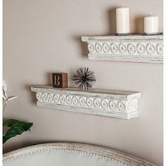 Embrace the beautifully carved design of our Ornate Farmhouse Wooden Wall ShelfIts white washed finish and repeating floral will be sure to warm your entryway décorShelf measures 36L x 5W x 6H inCrafted of Chinese fir wood and polystone Distressed ivory finish Features repeatingcarved flower pattern Weight5.06 lbsHangs from back-mounted hardware CareDust with softdry clothThis item is available at Kirklands.com onlynot available in storesPlease notethis item cannot be shipped to APO/FPO address Mud Room Storage, Small Closets, Wood Wall Shelf, Living Room Organization, Wood Floating Shelves, Rustic Materials, Kelly Clarkson, Rustic White