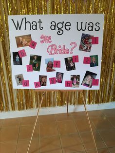 a sign that says what age was the bride? with pictures of people on it