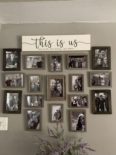 this is us photo collage with family photos on the wall and flowers in vase