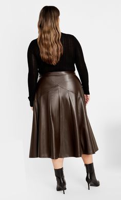 The Emerson Skirt will elevate your CC skirt wardrobe rotation. It boasts a high-rise fit with chic seam detailing, an A-line silhouette ensuring a perfect fit with its sleek side zip closure. | Plus Size Emerson Skirt in Dark Chocolate, Size 12 | City Chic Dresses Date Night, Lingerie Dress, Date Night Dresses, Plus Size Skirts, Faux Leather Skirt, Casual Summer Dresses, Fit N Flare Dress, City Chic, Workwear Dress