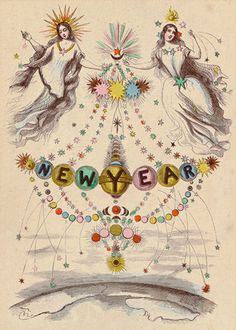 an old fashioned new year's card with two women in the middle, surrounded by stars