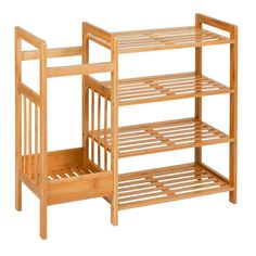 a wooden shelf with two shelves on each side