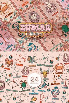 the zodiac collection is displayed on a pink background with various zodiacs and numbers in different colors