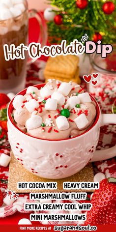 hot chocolate dip with marshmallows and candy canes in a white bowl