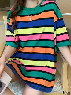 Bjux - Womens Rainbow Striped Oversized T-shirt - Casual Crew Neck, Drop Shoulder, Short Sleeve - Fashionable Apparel Colorful Short Sleeve T-shirt For Spring, Trendy Striped T-shirt With Letter Print, Colorful Casual T-shirt With Letter Print, Multicolor Crew Neck T-shirt For Spring, Multicolor Oversized Short Sleeve Tops, Trendy Multicolor T-shirt For Spring, Oversized Multicolor Short Sleeve Top, Trendy Oversized Colorful Tops, Colorful Oversized Casual Top