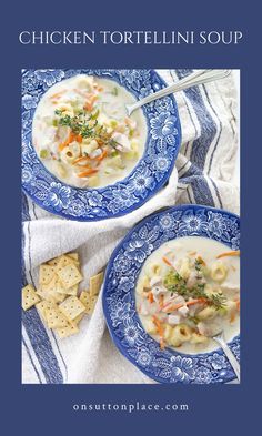 two bowls of chicken tortelli soup with crackers