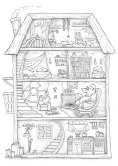 a drawing of a house that is in the middle of a book shelf with books on it