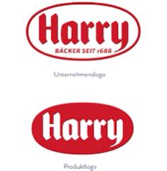 two logos for harry bakers, one is red and the other is white