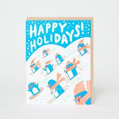 a blue and orange holiday card with an illustration of people on sleds