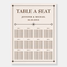 a wedding seating chart with the names and date on it, in brown ink against a white background