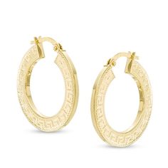 Add just the right amount of detail to her attire with these sophisticated hoop earrings. Crafted in warm 14K gold, each hoop features a classic Greek key design. Polished to a bright shine, these earrings secure with latch backs. Classic 14k Stamped Hoop Earrings, Luxury Hallmarked Hoop Earrings For Anniversary, Luxury Gold Diamond Cut Huggie Earrings, Classic Gold-tone Round Huggie Earrings, Luxury Small Hoop Earrings Hallmarked, Classic Pierced Hoop Earrings For Formal Occasions, Luxury 14k Gold Hoop Earrings For Formal Occasions, Timeless Gold Diamond Cut Huggie Earrings, Timeless Gold Huggie Earrings With Diamond Cut