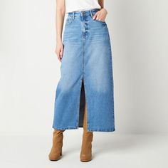 This women�s long denim skirt by a.n.a is a unique alternative to jeans to sport for cooler days. Made from soft stretch denim, this maxi-length skirt is cut for a high-rise with 5-pocket tailoring, a button-zip fly, and a center-front split. Wear it with a blouse or long-sleeve tee.Front Style: Flat FrontFeatures: Fly Front, Stretch FabricClosure Type: Button & ZipperClosure Location: FrontPockets: 2 Back Slip Pockets, 1 Front Coin Pocket, 2 Front Slip PocketsRise: High RiseApparel Length: 38 I Cowgirl Fashion, Skirts Denim, Long Denim Skirt, Denim Skirt Women, Closet Inspiration, Denim Skirts, January 2024, Cream Sweater, Cowgirl Style