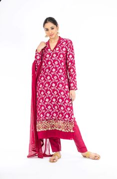 Adorning Rubine Red Palm Silk Salwar Kameez – Panache Haute Couture Unstitched Red Georgette Salwar Kameez, Long Salwar Kameez With Resham Embroidery For Navratri, Red Semi-stitched Lawn Suit With Sheer Dupatta, Semi-stitched Red Lawn Suit With Sheer Dupatta, Red Lawn Suit With Sheer Dupatta For Diwali, Festive Red Lawn Suit With Sheer Dupatta, Designer Pink Jamawar Salwar Kameez, Designer Red Georgette Lawn Suit, Red Bollywood Style Georgette Lawn Suit