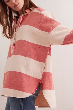 A favorite from our We The Free collection, now featured in an eye-catching striped design. **Fit:** Slouchy, oversized fit **Features:** Cotton fabrication with striped design, collared-neckline with button closures, drop-shoulder sleeves with cuffs, shirttail hem, raw seams **Why We ❤ It:** This slouchy top is the perfect wear-everywhere wardrobe staple. | We The Free Arizona Sky Striped Pullover at Free People in Red, Size: XL Slouchy Top, Striped Pullover, Oversized Sweatshirt, Knitwear Women, Stripes Design, Shoulder Sleeve, Boho Outfits, Oversized Fits, Drop Shoulder