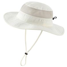 a white hat with a ribbon around the brim and an adjustable string on it