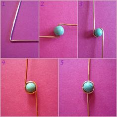 steps to make a wire bead necklace with turquoise beads and gold findings on pink background