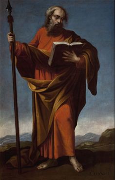 a painting of a man holding a book and a staff