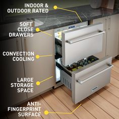 an open drawer in the middle of a kitchen with instructions on how to use it