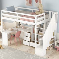 a white loft bed with stairs and desk in the corner, next to a pink chair