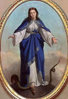 a painting of a woman in blue and white with a snake on the ground next to her