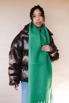 Super soft chunky grass green scarf with fringe detail. 69 inches long. PIPE AND ROW Green Cozy Winter Scarves, Cozy Green Winter Scarves, Long Pipe, Scarf With Fringe, Cozy Scarf, Green Scarf, Grass Green, Green Grass, Individual Style