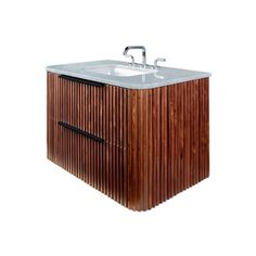 a wooden sink cabinet with a faucet in the middle and a white counter top