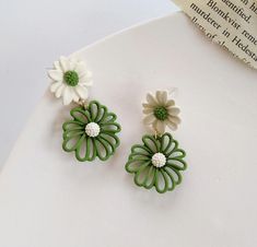 Little Queen white green matte daisy flower fashion drop earrings #LittleQueen #DangleDrop Trendy Green Dangle Flower Earrings, Trendy Green Flower Earrings, Trendy Green Flower-shaped Earrings, Green Flower Shape Earrings For Spring, Green Drop Flower Earrings For Summer, Green Dangle Flower Earrings For Spring, Cute White Flower Earrings For Spring, Trendy White Handmade Flower Earrings, Trendy Green Flower Shaped Jewelry