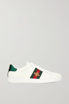 White Ace watersnake-trimmed embroidered leather sneakers | GUCCI | NET-A-PORTER French Shoes, Gucci Shoes Sneakers, French Women Style, Gucci T Shirt, Chic Sneakers, French Girl Style, Embroidered Leather, Trending Sneakers, French Women