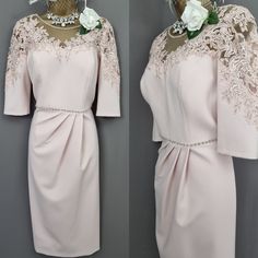 two pictures of the same dress on display, one is pink and the other is white