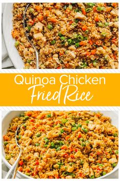 quinoa chicken fried rice with peas and carrots in a white casserole dish