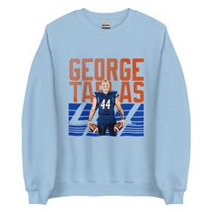 George Tarlas "Gameday" Sweatshirt - Fan Arch Winter Sports Fleece Sweatshirt, Fleece Sweatshirt For Winter Sports Events, Winter Fleece Sweatshirt For Sports Events, Relaxed Fit Sweatshirt For Sports Events In Fall, Blue Fleece Sweatshirt With Graphic Print, Sports Graphic Print Fleece Sweater, Sports Fleece Sweater With Graphic Print, Relaxed Fit Fan Apparel Sweatshirt For Winter, Sporty Fleece Sweatshirt For Fans