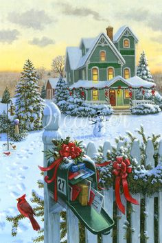 a painting of a mailbox in front of a house with snow on the ground