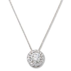 Bright Halo Lab Grown Diamonds 2ctw Round Halo Pendant with Chain  Adorn your neckline with the exquisite sparkle and fire of lab-grown diamonds. This classic halo pendant is one one you'll be wearing for many years to come!        Pendant approx. 1/2"L x 1/2"W     Chain approx. 18"L x 1/16"W      Stamped 14K gold; rhodium plating     Cable chain necklace; spring ring clasp   Stone Information       All sizes and weights approximate     Total Carat Weight: 2ct     Lab Created White Diamond - Rou Diamond Top, Round Halo, Cable Chain Necklace, Halo Pendant, Pendant With Chain, Spring Rings, Cable Chain, White Diamond, Lab Grown