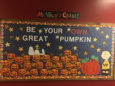 a bulletin board that says be your own great pumpkin with peanuts and jack - o'- lanterns