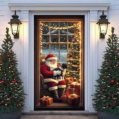 a door decorated with christmas lights and santa sitting on a chair in front of a window