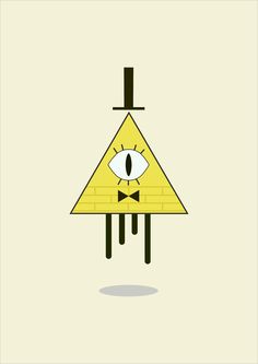 a yellow triangle with a bow tie on it and an eye in the middle is shown